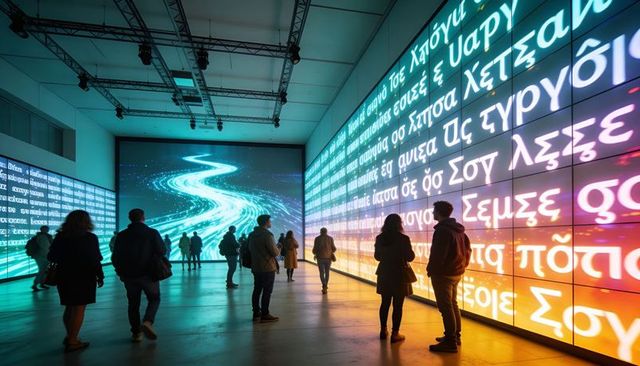 Visitors Exploring Immersive LED Wall with Turquoise Digital Path and Amber Text Panels