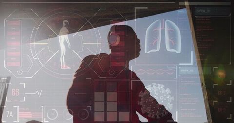 Person Analyzing Medical Data with Holograms and Headphones