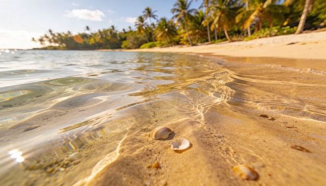 Tropical shoreline close-up seashells on rippled shallow water with palm tree reflections