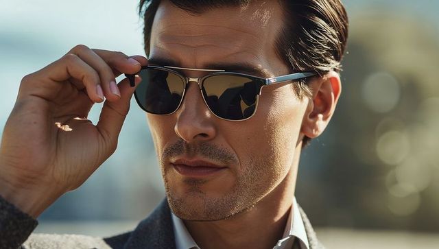 Confident man adjusting sunglasses by waterfront in tailored blazer and collared shirt