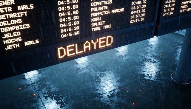 Delayed Departure Board Over Rain-Soaked Airport Concourse with LED Reflections