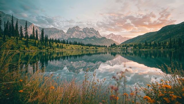 Tranquil alpine lake with scenic mountain reflection at sunset