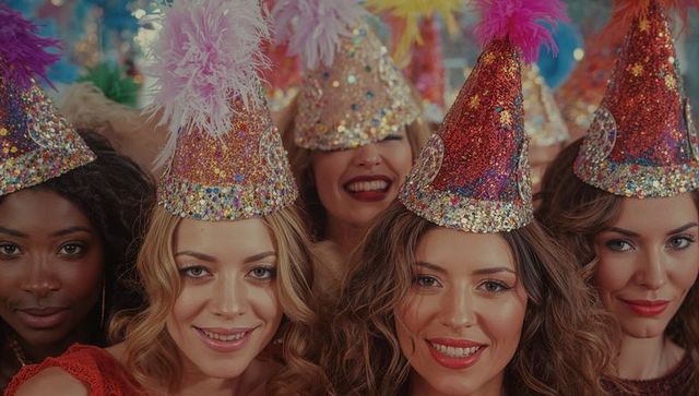 Women in Sparkly Party Hats Celebrating Vibrant Festive Event