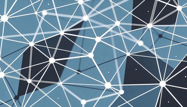 Abstract blue network connecting white nodes and lines for digital data, mesh and AI visualization