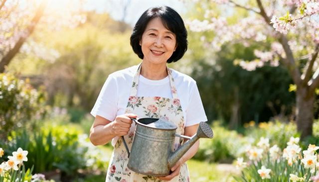 Smiling senior woman watering spring garden with metal watering can and floral apron