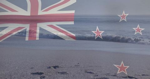 New zealand flag overlaying tranquil beach scene with footprints, waves and coastal horizon