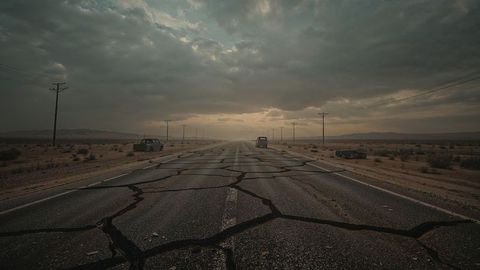 Cracked Desert Highway at Sunset with Vintage Atmosphere