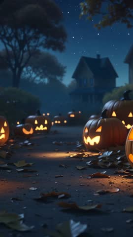 Vertical panning across glowing jack-o'-lanterns on leaf-strewn path under starry night