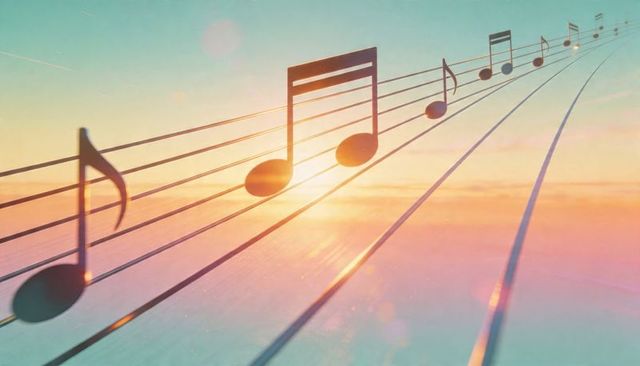 Surreal musical staff pathway with oversized notes receding toward pastel sunrise