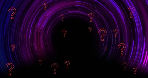 Mystical purple light trails with question marks in dark vortex