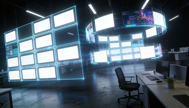 Futuristic holographic control hub featuring floating screen grid and circular ring displays