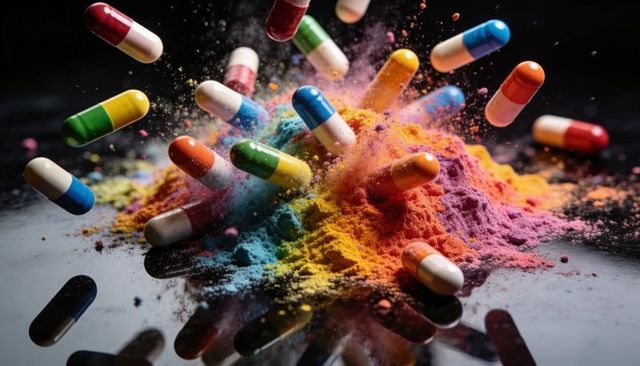 Colorful medicine capsules exploding into dynamic powder burst over reflective black surface