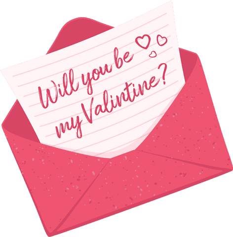 Pink envelope with valentine's note on transparent background