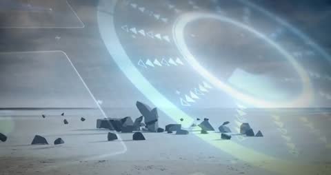 Futuristic Digital Interface Overlay on Rocky Landscape