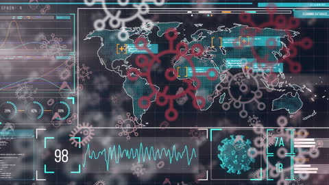 Animation showing various data processing elements and COVID-19 cells overlaying a world map. Symbols illustrating infection spread across countries emphasize the global reach of the pandemic. Suitable for illustrating topics on global health, informative graphics about virus spread, or digital content on COVID-19 statistics and tracking.