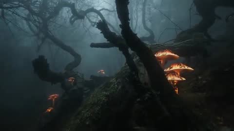 Glowing Mushrooms Amidst Enchanted Misty Forest