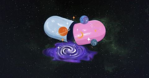 Surreal cosmic capsule releasing galaxy and planets in space