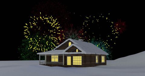 Cozy snow-covered cabin with vibrant fireworks show