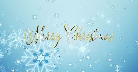 Festive Merry Christmas Text with Falling Snowflakes on Blue Background