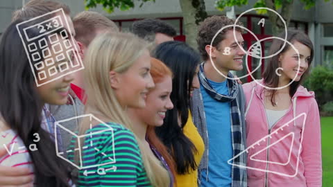 Diverse Students Embracing with Educational Icons Overlay