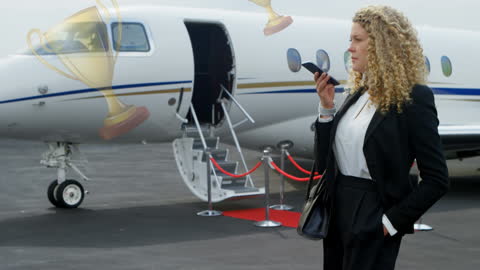 Successful Businesswoman Using Smartphone by Private Jet