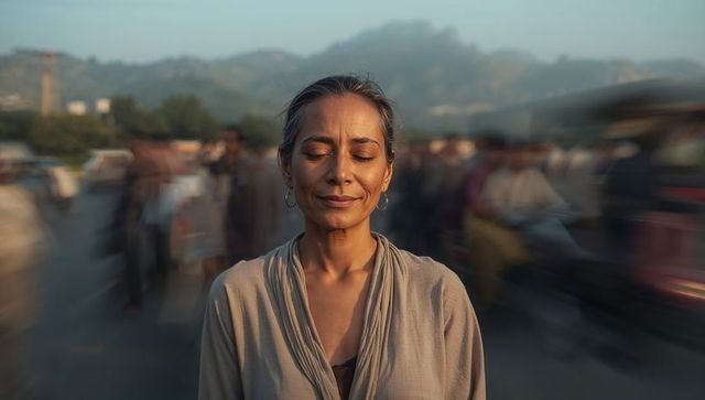 Indian woman finding stillness amid bustling street motion blurred traffic meditation