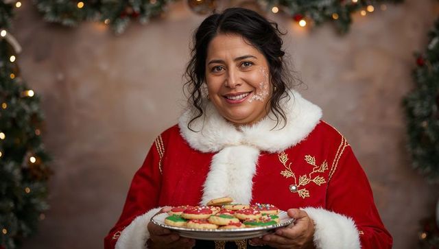 Smiling Woman in Festive Santa Attire Holding Homemade Holiday Cookies