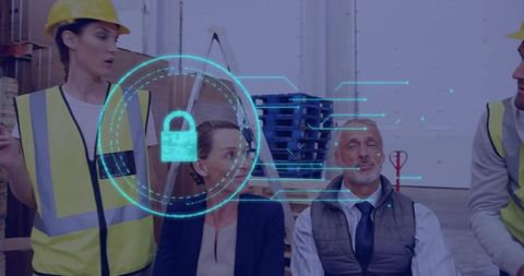 Warehouse team discussing cybersecurity and logistics safety with executives and workers