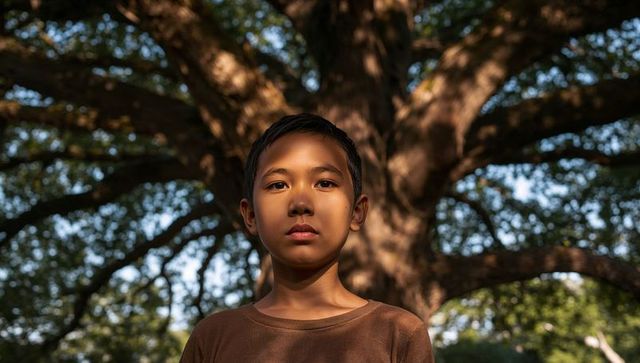 Asian boy standing beneath sprawling oak canopy at golden hour, dappled light portrait