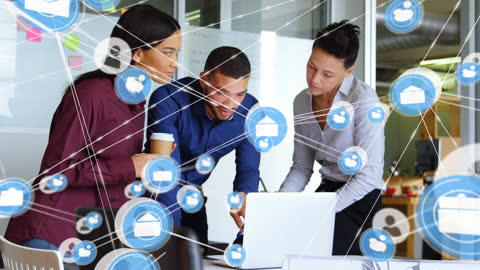 Diverse Team Collaborating Over Laptop with Digital Network Icons