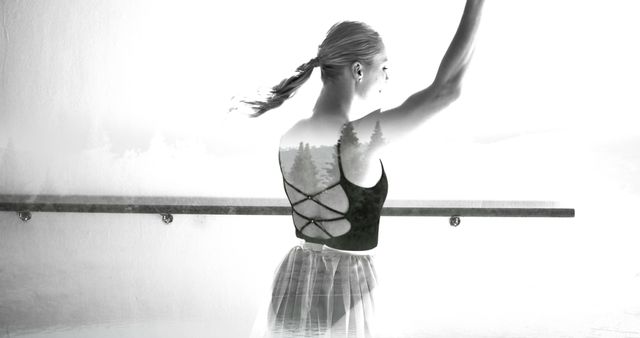 Graceful Ballerina Practicing Ballet with Double Exposure of Nature - Download Free Stock Images Pikwizard.com