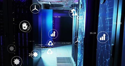 Ecological Icons Overlaid on Modern Server Room for Green IT Concept - Download Free Stock Images Pikwizard.com