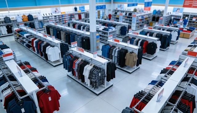 Big-box retail clothing floor featuring organized apparel islands, gondolas and clear price signage