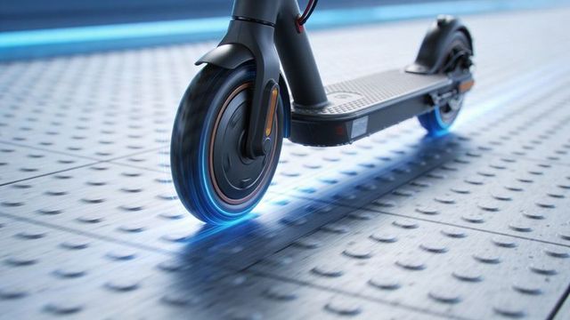 Futuristic electric scooter front wheel glowing blue led trail on textured traction floor