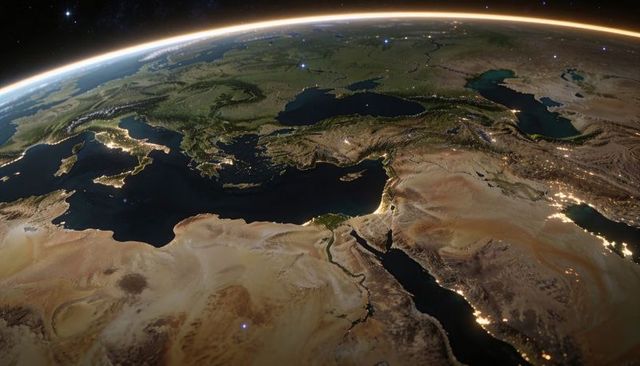 Orbit view showing mediterranean, nile delta, suez canal, coastal city lights at night