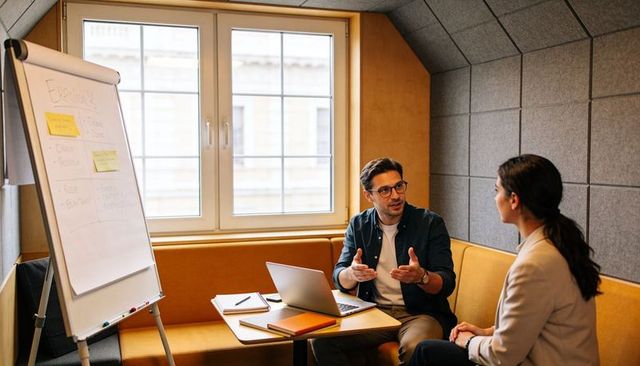 Business discussion in cozy office booth with man explaining strategy using flipchart