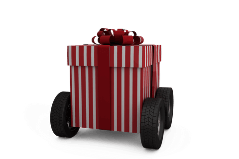 Transparent gift box on wheels with stripes and bow