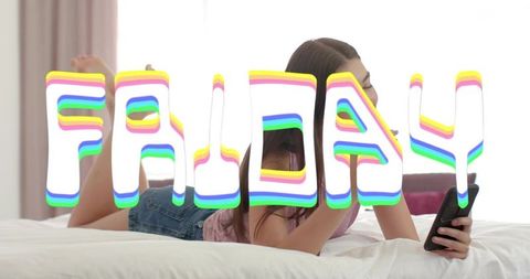 Relaxing on bed with smartphone and rainbow friday graphic overlay
