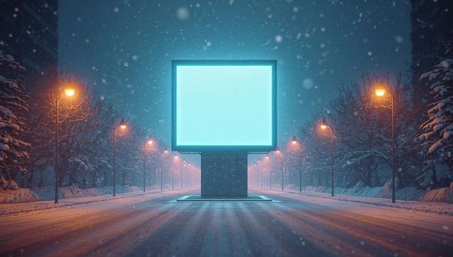 Glowing billboard on snowy roadway at night