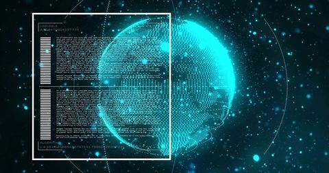 Holographic Point-Cloud Globe Rotating inside Futuristic HUD Data Visualization Interface