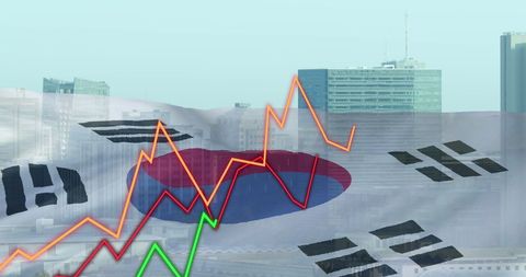 South Korea Flag Overlaid on Cityscape with Financial Graphs