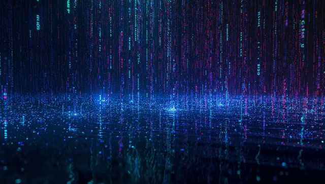 Futuristic virtual code streams reflected on water surface