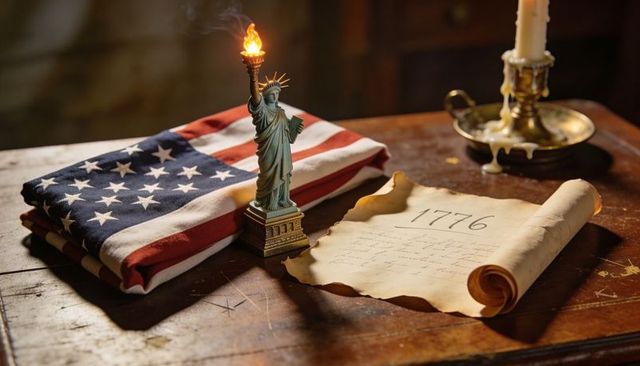 Burning torch liberty replica with folded american flag and 1776 parchment on wooden desk