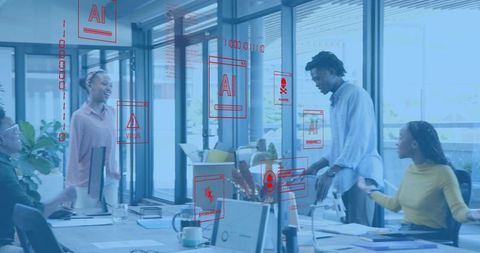 Office team collaborating amid AI cybersecurity alerts overlaid on open-plan workspace