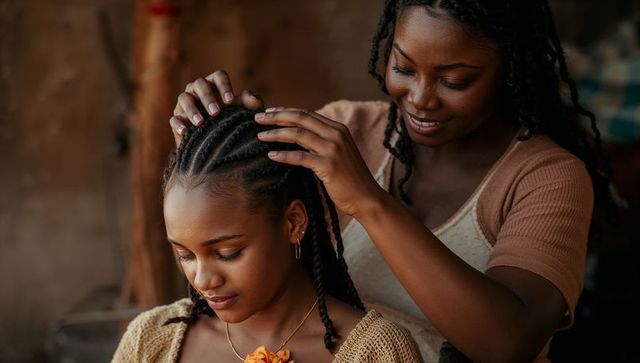 Black mother braiding daughter's cornrows at home, warm family bond and natural beauty