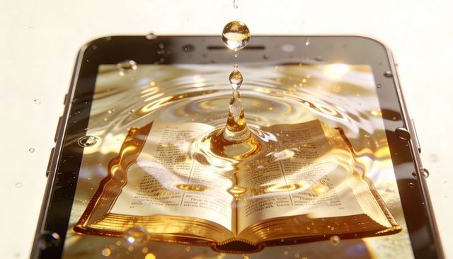 Gilded book rippling on tablet screen with water droplet and golden reflections