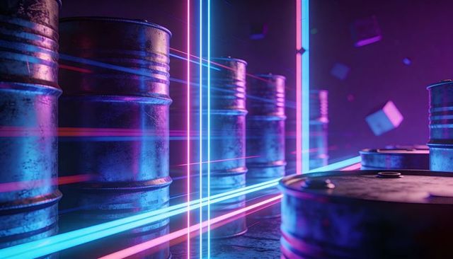 Neon-lit industrial barrels reflecting cyan and magenta beams in futuristic warehouse