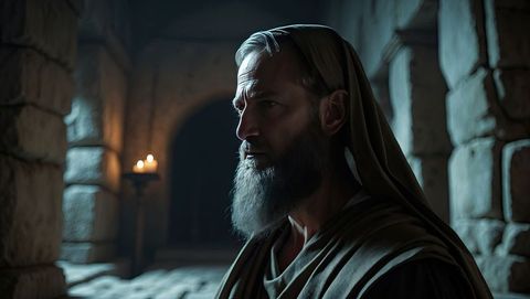Pharisee monk in stone chamber with soft candlelight