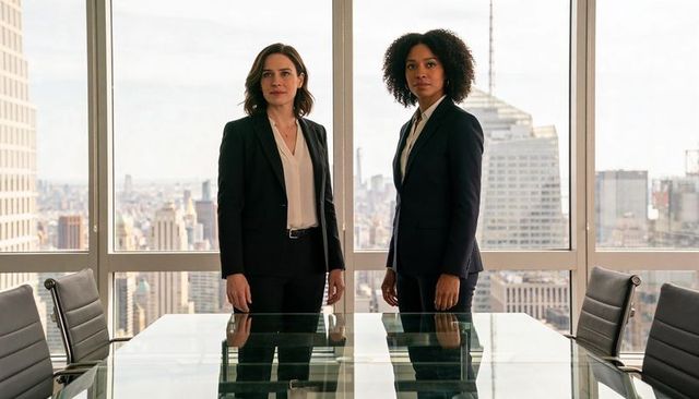Two female executives standing in glass boardroom negotiating corporate deal with city skyline