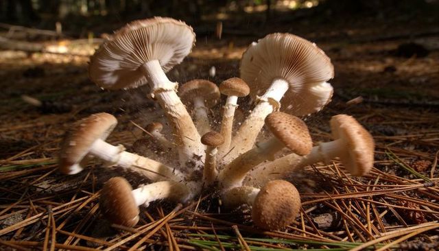 Sunlit mushroom cluster pushing upward releasing soil burst and pale gills